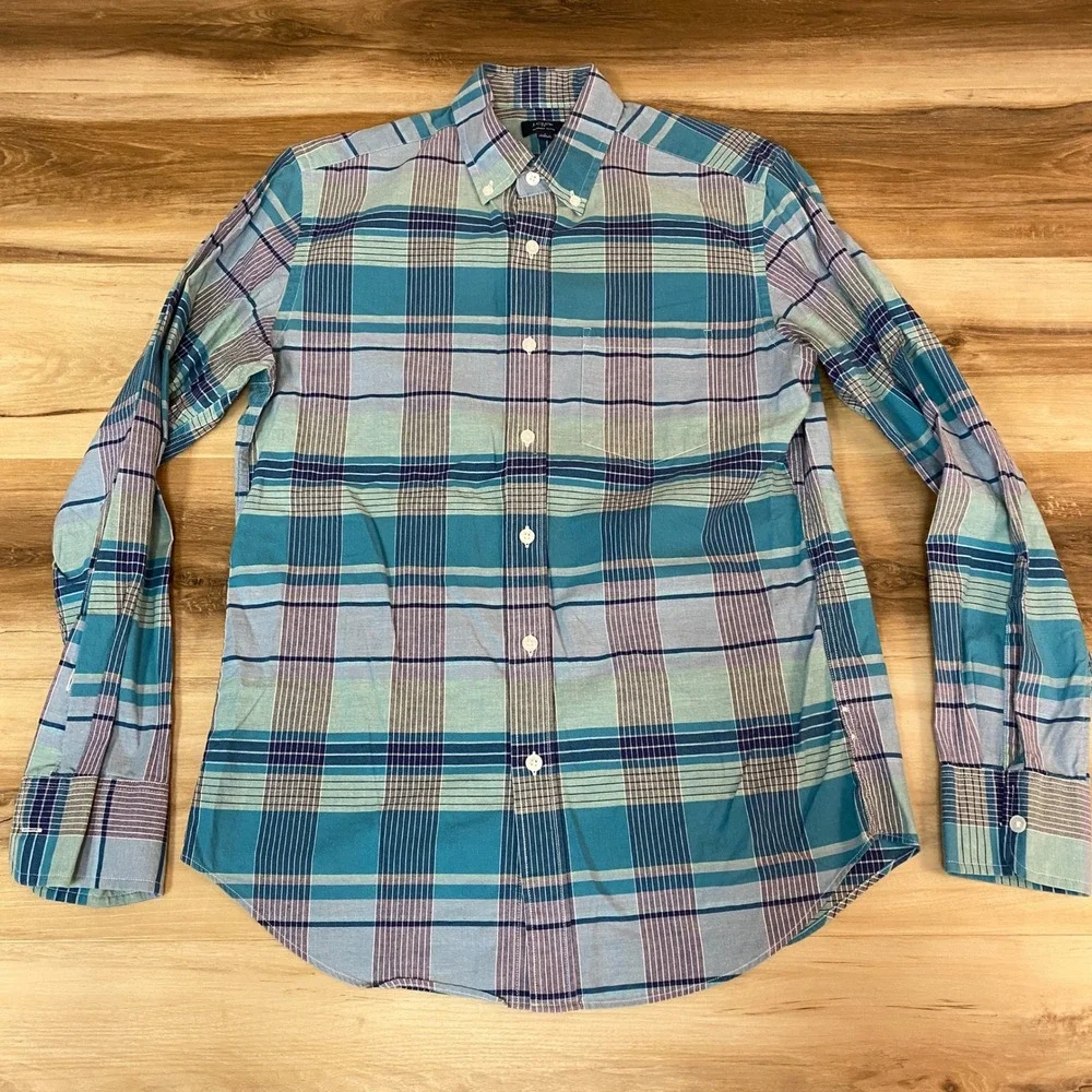J Crew Summer Plaid Button Down Shirt Mens Small Blue‎ Teal Cotton